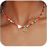 TOBENY Dainty Initial Necklaces for Women Colorful Beaded Necklaces Handmade Personalized A-Z Gifts Trendy Stuff 14K Gold Plated Bohemian Letter Choker Necklace with Heart Shaped Shells Jewelry Gift