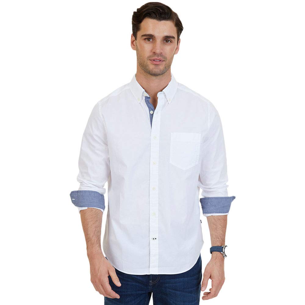 Nautica Mens Classic Fit Stretch Solid Long Sleeve Button Down Shirt, Marshmallow, X-Large US
