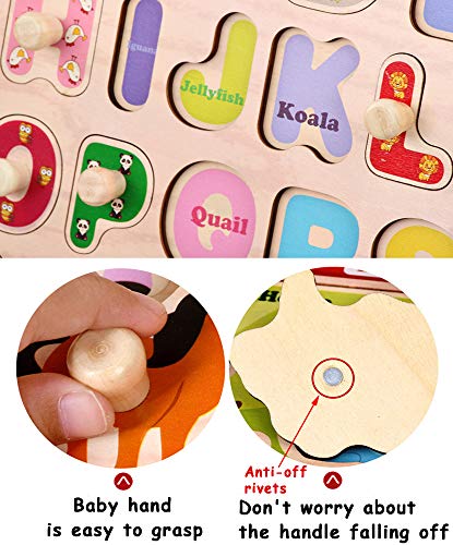 Kids Wooden Peg Puzzles Play Set - Alphabet ABC Numbers 123 Puzzles Board - Pegged Puzzles for Toddler Children Learning Educational Puzzles Toys Gift for 1 2 3 Year Olds Toddlers Boys and Girls - Thumbnail 2