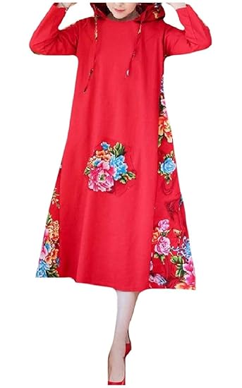 Womens Long Sleeve Outwear Hood Pockets Loose Chic Soft Floral Printing Dress