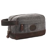 S-ZONE Vintage Leather Trim Canvas Toiletry Bag Shaving Dopp Case Cosmetic Makeup Bag