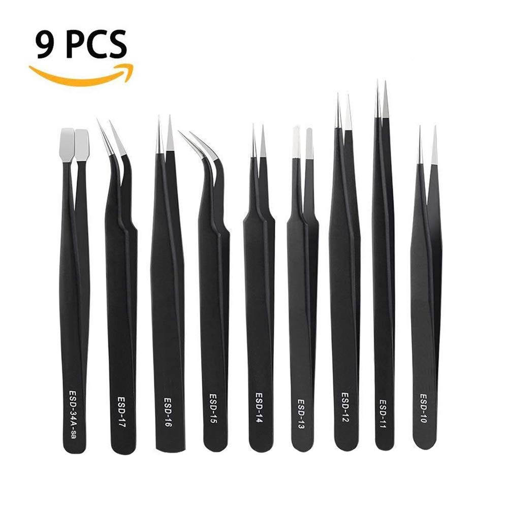 9 Piece ESD Tweezers Tools Kit, Beaulinks Precision Anti-Static Non-Magnetic Tweezers for Beauty,Nail Art,Jewelry-Making Watches,Medical,Electronics, Laboratory Work