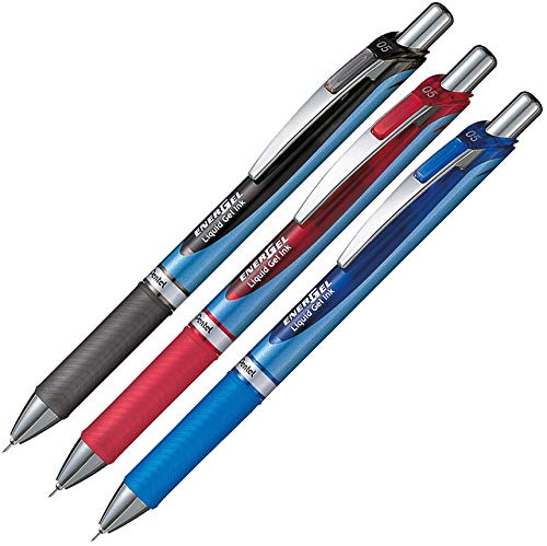 Pentel BLN75 EnerGel Gel Ink Pen with Pressure Mechanism and Needle Tip, 0.5mm (Black, Red, Blue)