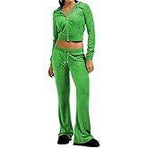 yidengymx Two Piece Velvet Hooded Outfits for Women, Womens 2 Piece Velour Tracksuit Zip Up Sweatsuit with Cargo Pockets