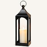 Modern Farmhouse Lantern Decor, Black Metal Decorative Hanging Candle Lanterns Ideal for Home Decor, Parties & Events, 15.1" 