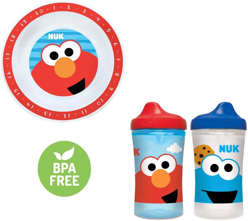NUK Sesame Street Deep Bowl and Two Sippy Cups in Red and Blue (Bundle of 3)