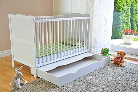 white cot bed with drawer and mattress