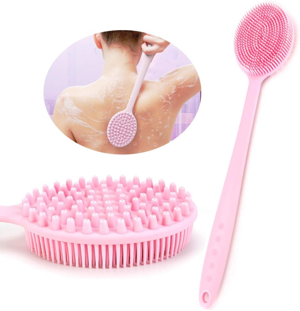 GESPERT Bath Body Brush, Ultra Soft Silicone Shower Brush for Skin Exfoliator Cellulite Back Scrubbing Body Clean with Long Handle Bristles Side Massage Nodes