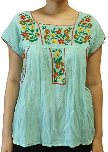 Malime Women's Embroidered Bohemain Peasant Summer Blouse Mint Green
