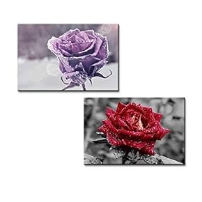 Canvas Prints Wall Art - Red Rose with Dew in Autumn and Purple Frozen Rose in Winter - 16"x24" x 2 Panels