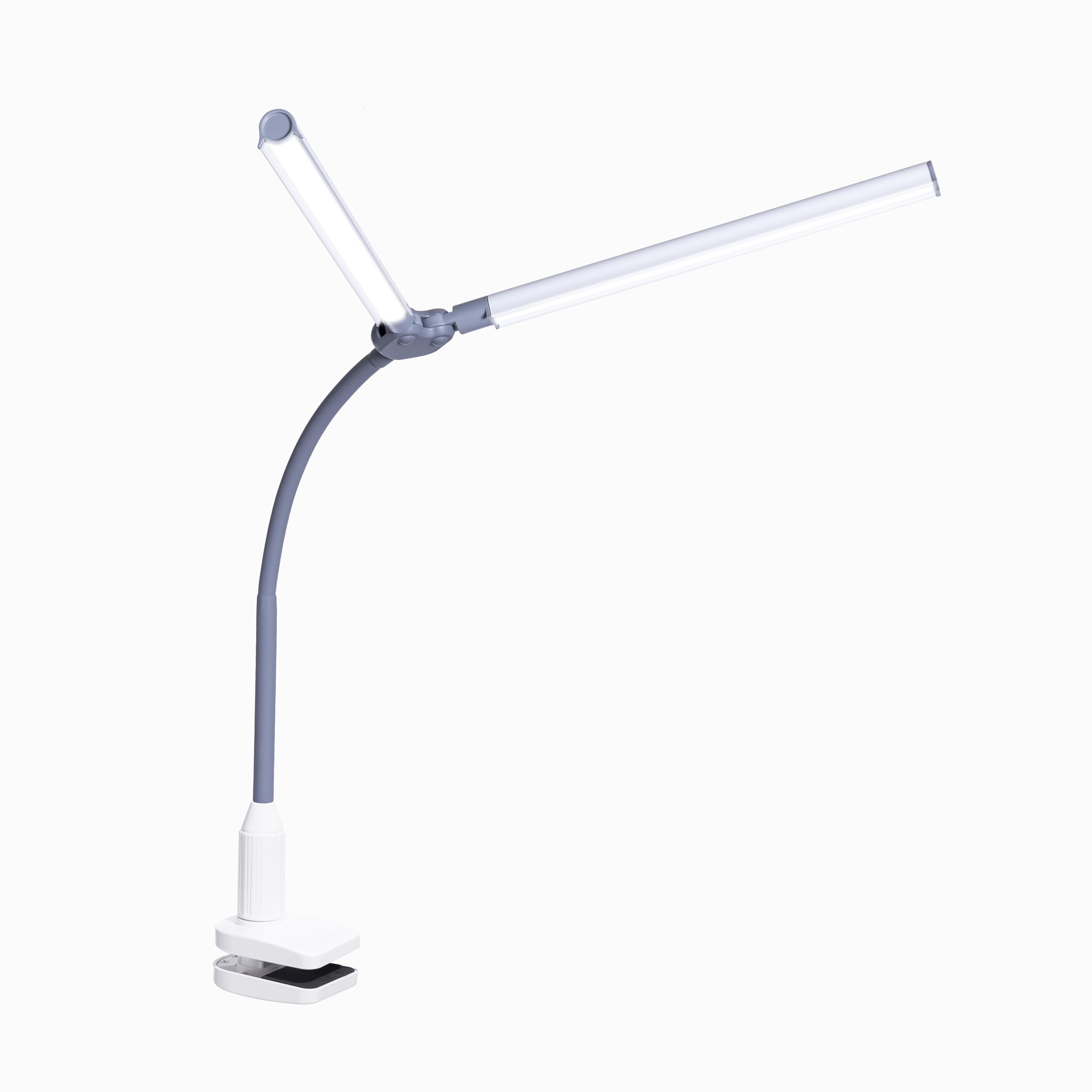 Daylight DuoPro™ Clamp Lamp - High CRI 95+, Double Head Design, LED (6,000K, 2100 Lux), Anti-Glare Shades, 4 Brightness Levels, Flexible Arm, Sturdy Clamp (Grey/White)