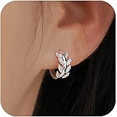 AIBELOPY CZ Leaf Huggie Hoop Earrings for Women Hypoallergenic 925 Sterling Silver 14K Gold Wheat Ear Earrings Dainty Cubic Zirconia Stud Earrings Jewelry (Silver)
