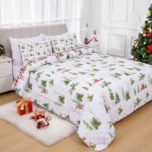 FRAMICS 3 PIECE CHRISTMAS REVERSIBLE QUILT SET QUEEN SIZE, RED PLAID LIGHTWEIGHT COMFORTER SET, GREEN WATERCOLOR PINE TREE REINDEER SNOWHOUSE CHRISTMAS QUILT, 90″ X 90″, 1 QUILT+2 PILLOW SHAMS