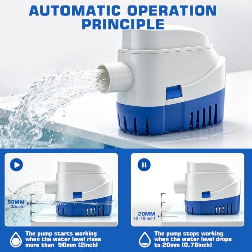 KAOLALI Automatic Bilge Pump 12 V 1100GPH, 29 mm, Marine, Submersible | Electric Floating Switch for Boats, Boats, Ponds, Pools, Yachts