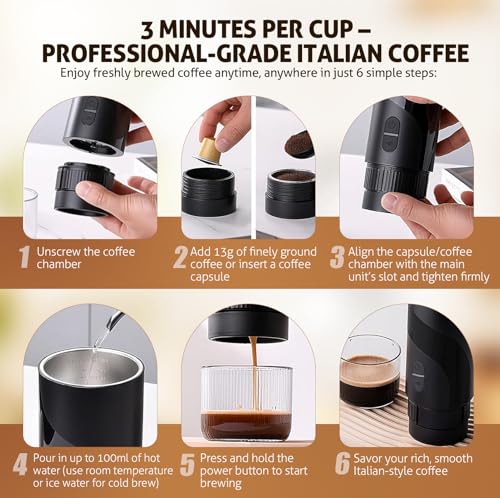Travel Coffee Maker Compatible with 3.5 x 2.8 cm Capsules and Ground Coffee, 3 in 1 Portable Coffee Machine with 100 ml Water Tank, Capsule Coffee Maker for Espresso 20Bar Refillable