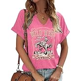 Cowboy Shirts for Women V Neck Vintage Rodeo T Shirt Western Fashion Graphic Short Sleeve Tee Tops