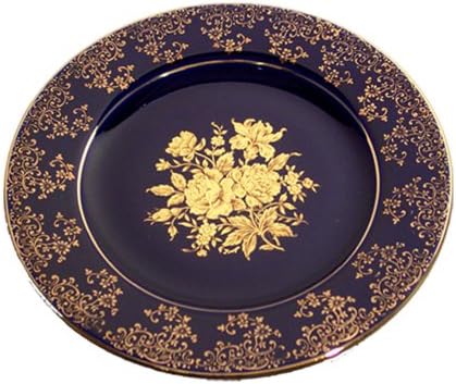 Limoges Porcelain Round Cake Plate, Cobalt with Gold Flowers - 7.5 Inch