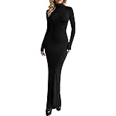 OYOANGLE Women's High Slit Open Back Bodycon Dress Long Sleeve High Neck Cocktail Long Dresses