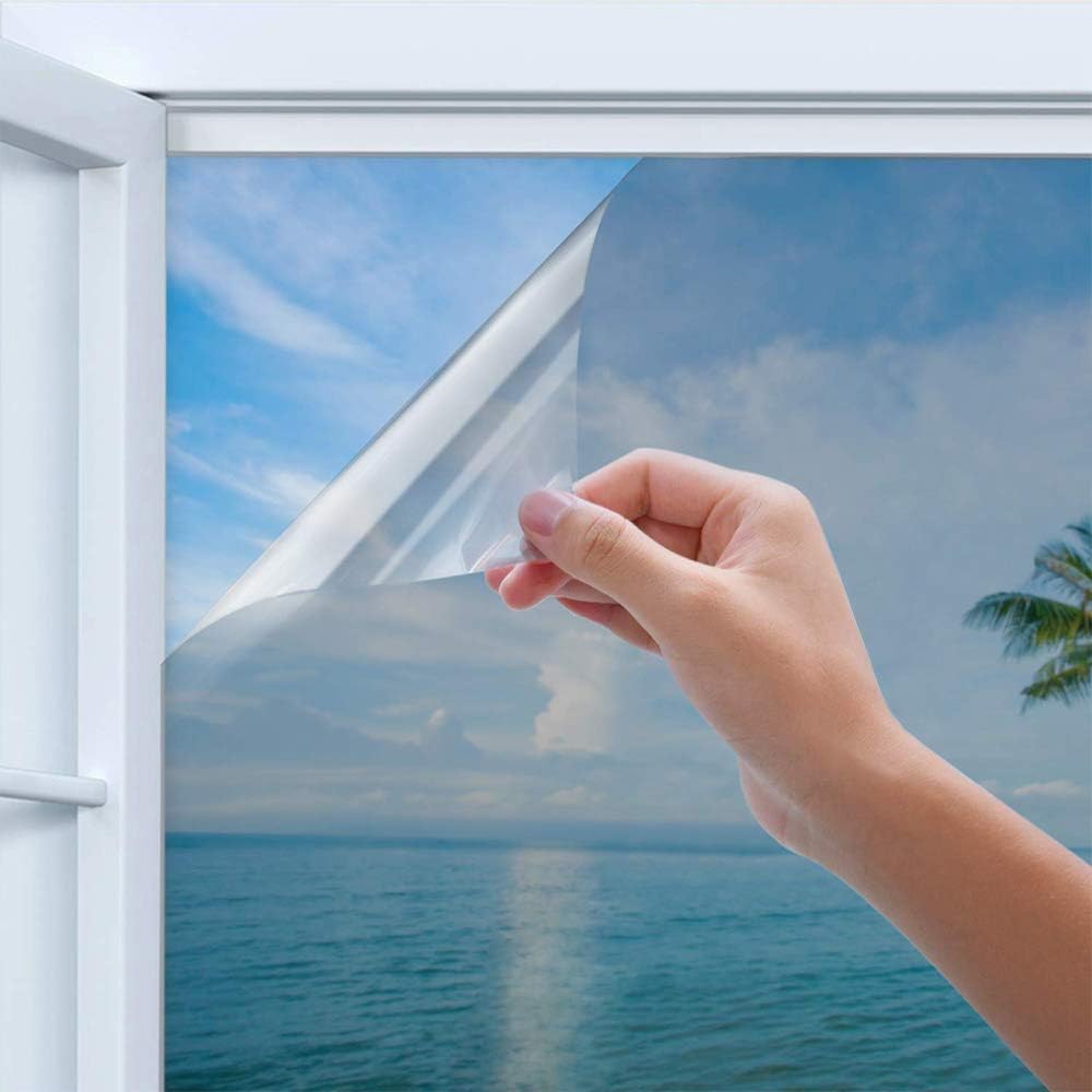 HUHUDAY Privacy Window Film Self Adhesive, Blackout Window Film Anti Uv Heat Control Sun Blocker, Privacy Protection Glass Frosting Film, One Way Silver Reflective Adhesive, 17.7 X 78.7 Inch