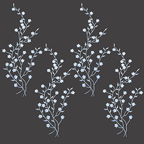 Four Big Blue Flower Leaves Embroidery Applique Patch, Plum Blossom Flower Patch, Iron on Applique, Flower Applique Patch, Fabric Ribbon Trim Neckline Patch Scrapbooking (Blue)