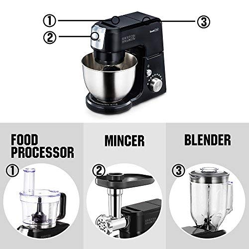 Geek Chef Mini 4-in-1 Stand Mixer: Multi-function, 2.6 Quart Stainless Steel Bowl, 7 Speeds with pulse, Die-cast Tilt Head. Includes Pouring Shield, Beater, Whisk and Dough Hook (Black)