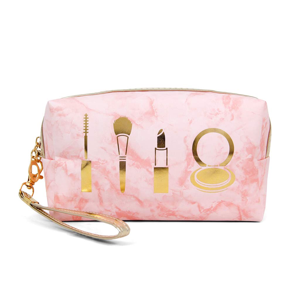Me Plus Portable Makeup Case Cosmetic Bag for Women Small Pouch Travel Organizer Purse Wristlet With Zipper (Marble Makeup - Pink)