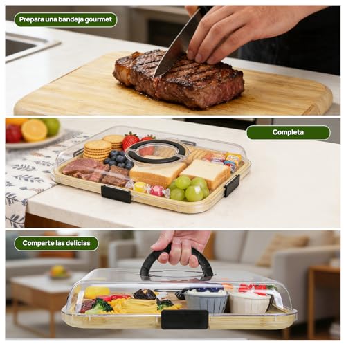 Tabla de Quesos con Tapa Transparente Antipolvo, Tabla Charcuteria Portátil con Asa y Seguro, 6 Divisiones, Reversible de Bambú - Ideal para Picnics, Fiestas, Camping y como Regalo para Casa Nueva