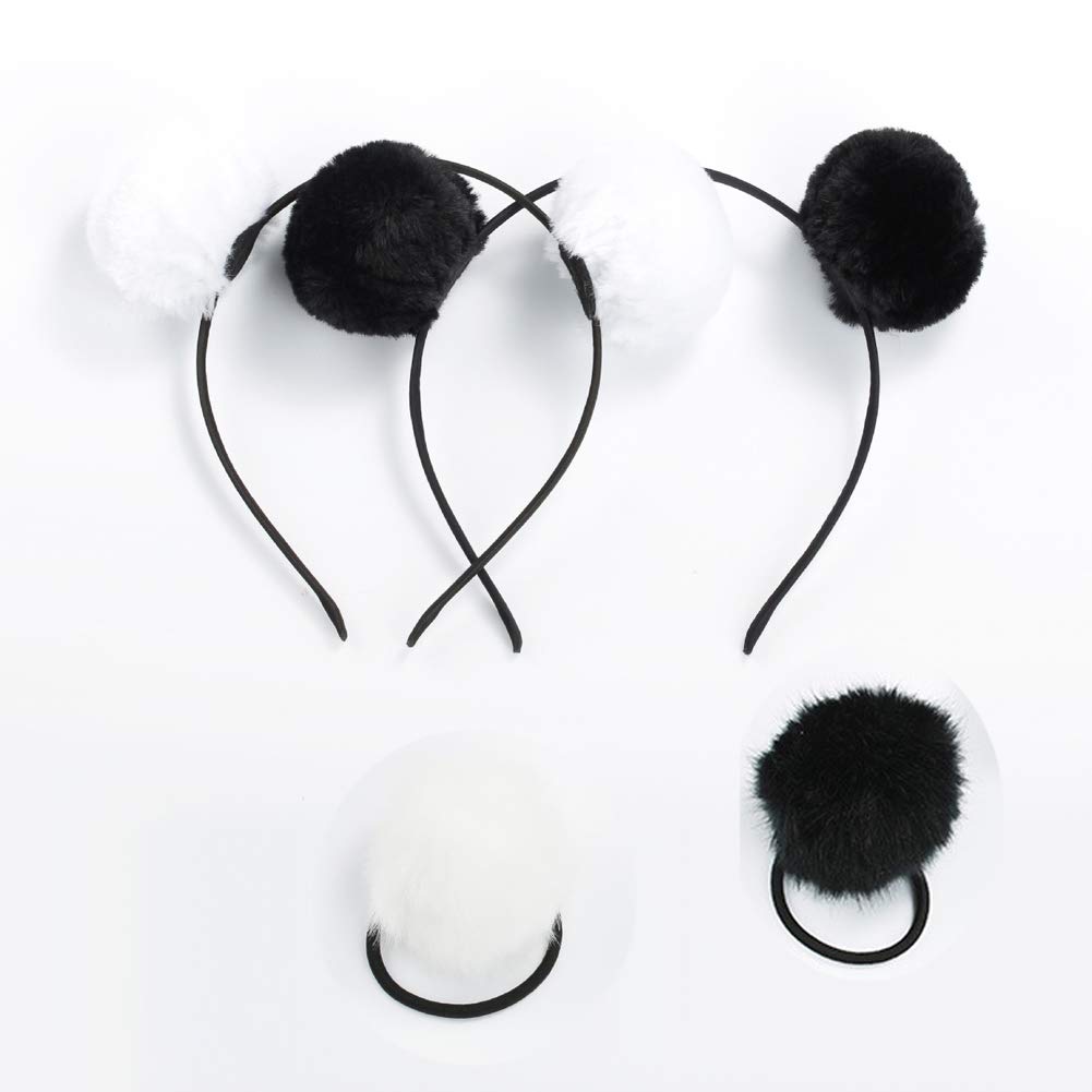 4 Pieces (2 Pairs) Fluffy Furry Pom Ball Headband and Elastic Hair Ties Fuzzy Faux Fur Animal Ears Double Pom Headband PomPom Hair Band for Girls and Women