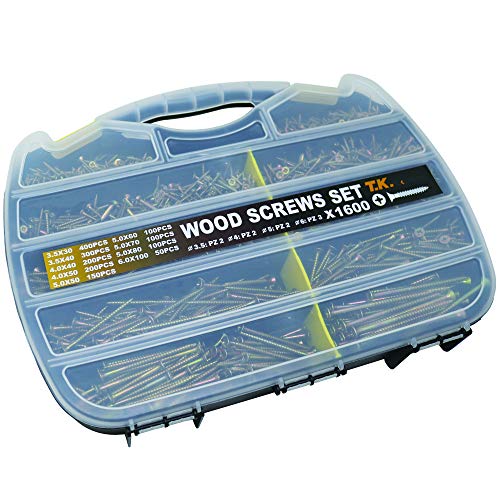 T.K.Excellent Wood Screw Phillips Flat Head Drywall Chipboard Screw Assortment Kit,1600 Pcs