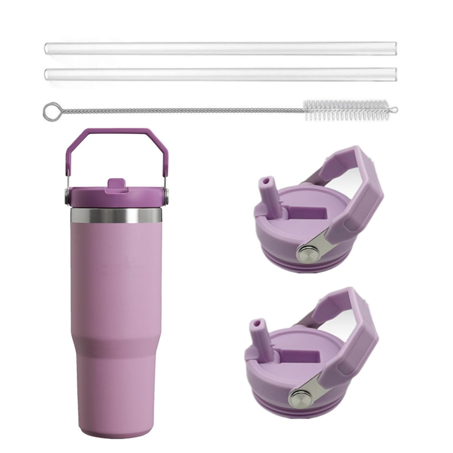Photo 1 of 2Pack Replacement Tumbler Lid Fit for Stanley IceFlow 30 oz(Only) Flip Straw Lid, with 2Pcs Reusable Straws,1Pcs Cleaning Brush (Purple)