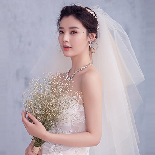 Kercisbeauty Wedding Lace 4 layer White and Champagne Veil Drop Soft Tulle for Bride with Hair Comb Wide Lace Veil Chapel Veil Single Layer Veil Wedding Hair Accessories (Champagne)