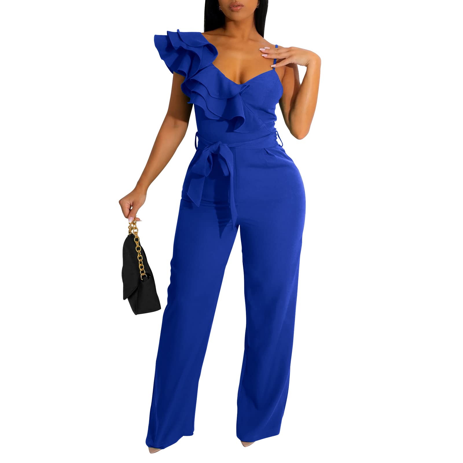 Photo 1 of kaimimei Womens Casual Jumpsuits V-Neck Sleeveless Ruffle Backless Belted Wide Leg Pant Sexy Romper Party Clubwear Blue XL