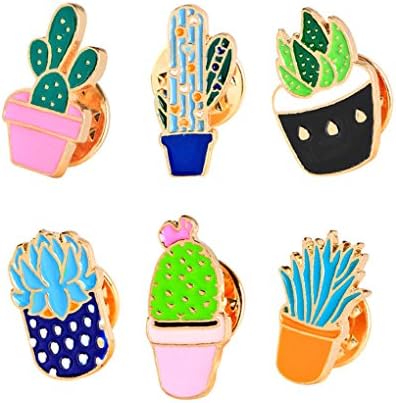 Kambear Cute Cartoon Enamel Brooch Pins Set Cactus Lotus Flower Label Pin Jewelry for Women