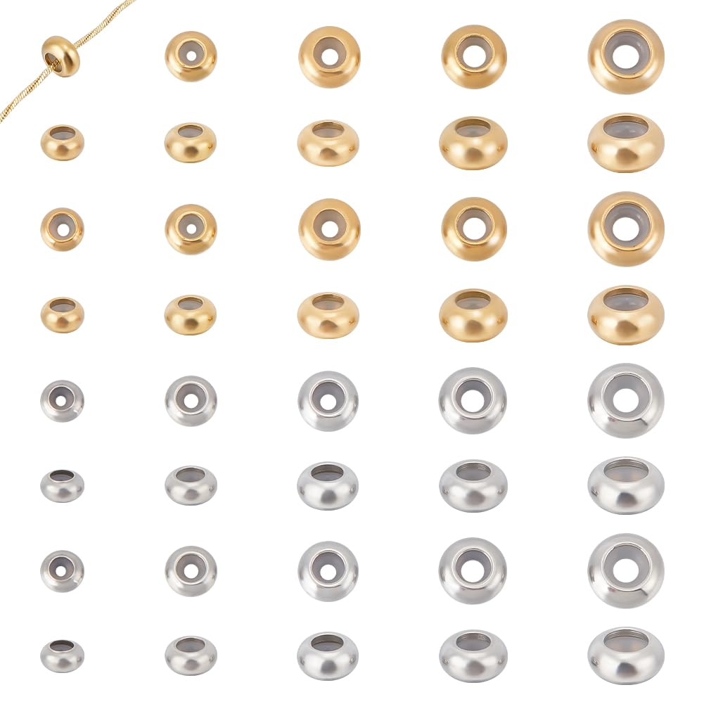 UNICRAFTALE 40 Pcs Stainless Steel Slider Stopper Beads, 2 Colors 5 Sizes 6-10mm Adjustable Slider Clasps Rondelle Beads with Rubber Inside for Jewelry Making