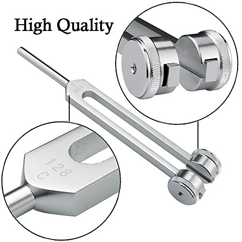 128 Cps Tuning Fork Weight Aluminum Clinical Grade Nerve/Sensory with Silicone Hammer and Cleaning Cloth, Packaged in Soft Storage Bag