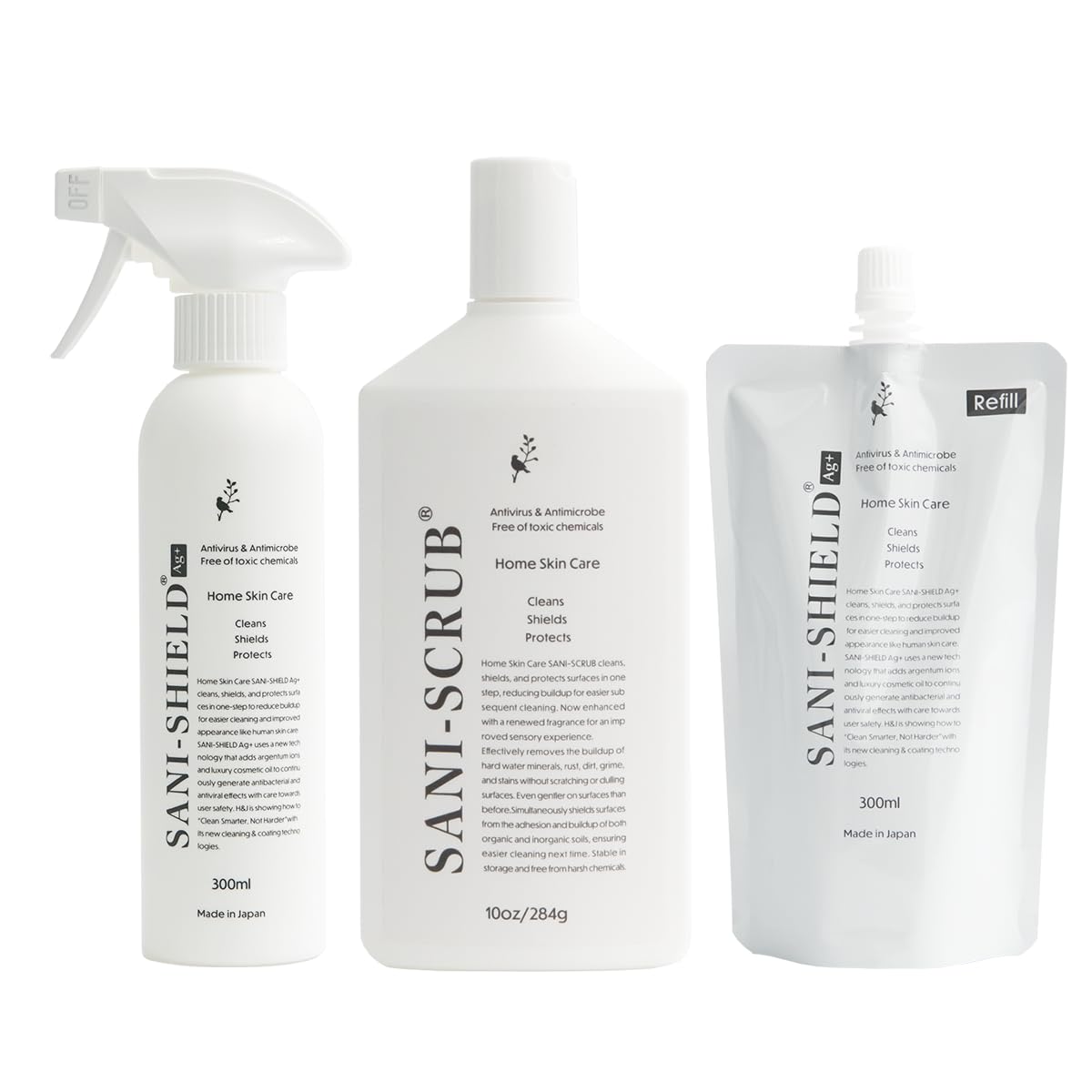 SANI-SHIELD サニーシールドAg+ 除菌スプレー クリーナー 中性 抗菌コーティング ウィルス 花粉 消臭 防カビ お掃除 洗浄 撥水 艶 ツヤ 手に優しい 古堅純子 銀イオン ペット臭 日本製 トリガー1本＋詰替1袋＋スクラブ1本 サボン商品画像