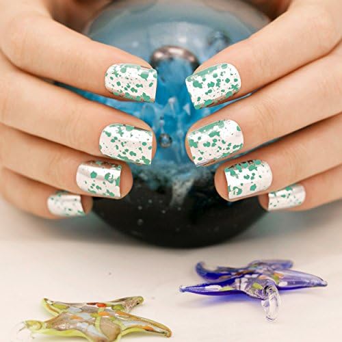 ArtPlus 24pcs Raindrops on Summer Lake Chrome False Nails with Glue Full Cover Medium Length Fake Nails Art