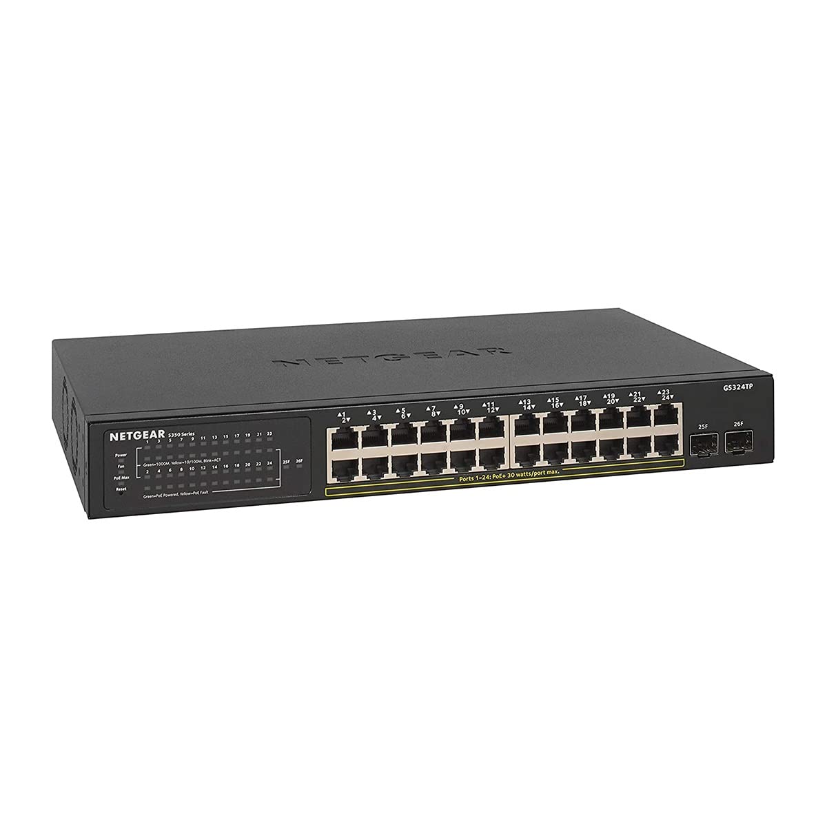 NETGEAR 24-Port PoE Gigabit Ethernet Smart Switch (GS324TP) - Managed, with 24 x PoE+ @ 190W, 2 x 1G SFP, Desktop or Rackmount, S350 series