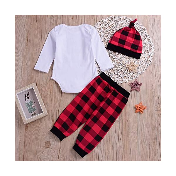 YOUNGER TREE Newborn Boy Clothes Set Long Sleeve Romper,Plaid Pants + Cute Hats 3pcs Outfit - Image 3