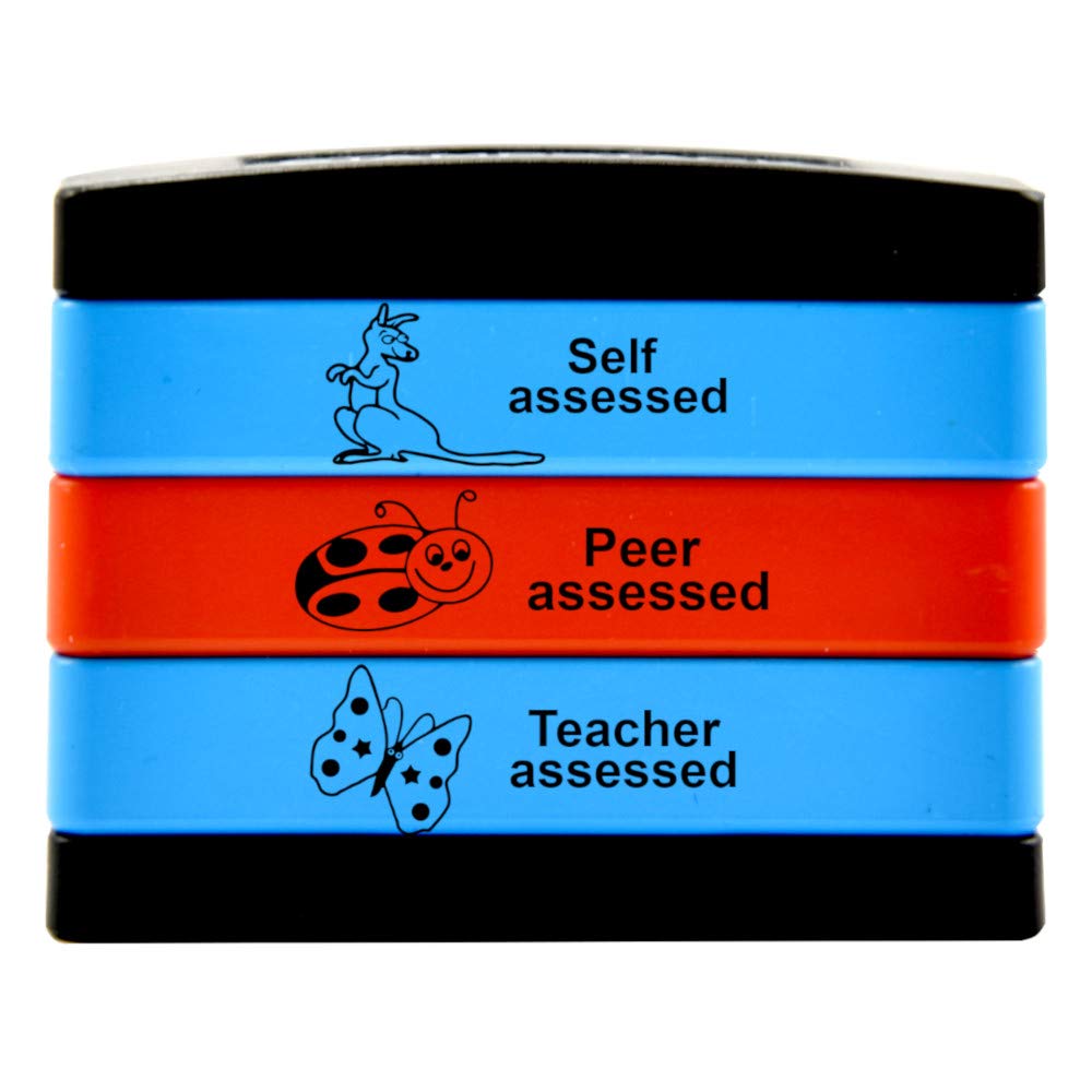 SuperStickers Multi Message 3-in-1 Stamp Stack for teachers: Self Assessed/Peer Assessed/Teacher Assessed in blue and red ink.