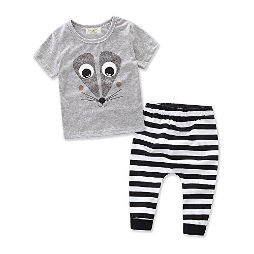 Infant Toddler Baby Boy Fox Short sleeves cotton T shirt Tops Plaid long Pants stripe trousers Clothes Set 0-3Y