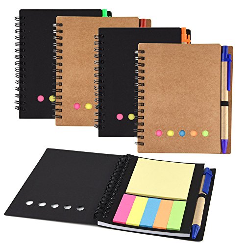 Coopay 4 Pack Spiral Notebook Journal Notepad with Pen in Holder and Sticky Notes, Page Marker Colored Index Tabs Flags (Black and Brown Cover)