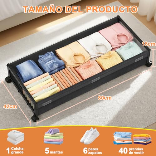 2Pcs Zapatera Bajo Cama con Ruedas, Caja de almacenamiento debajo de la cama con Asas Metálica y Tapa transparente, Organizador de Almacenamiento de Gran capacidad para guardar ropa、zapatos、edredones