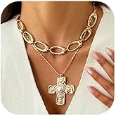 Layered Gold Chunky Necklace for Women, Stacked Oval Chain Necklace with Irregular Geometric Pendant, Punk Hip Hop Statement Jewelry Set, Bold Retro Necklace Gift for Birthday, Christmas, Valentine’s Day