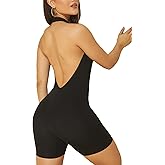 WDIRARA Women's Stretchy Deep V Neck Halter Backless Shorts Bodysuit Workout Athletic Unitard Romper