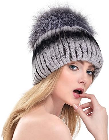 Vemolla Women'S Winter Real Thicken F Rex Rabbit Fur Beanies Hats With Fox Pompom Light Grey With Black