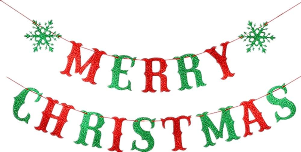 bng-bng Merry Christmas Bunting Banners Reindeer Garland Bunting Santa Sleigh Banner Decorations Glitter Hanging for Christmas Party Decorations Supplies Photo backdrop Red Green