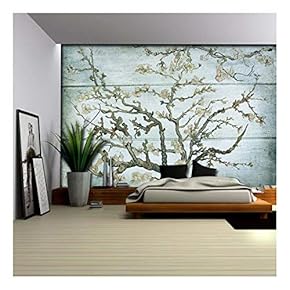Almond Blossom Painting by Vincent Van Gogh on a Blue Wood Textured Background - Wall Mural, Removable Sticker, Home Decor - 66x96 inches