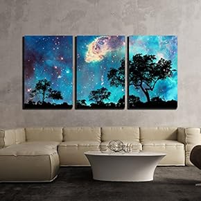 3 Piece Canvas Wall Art - Night Landscape with Silhouette of Trees and Starry Night - Modern Home Art Stretched and Framed Ready to Hang - 16"x24"x3 Panels