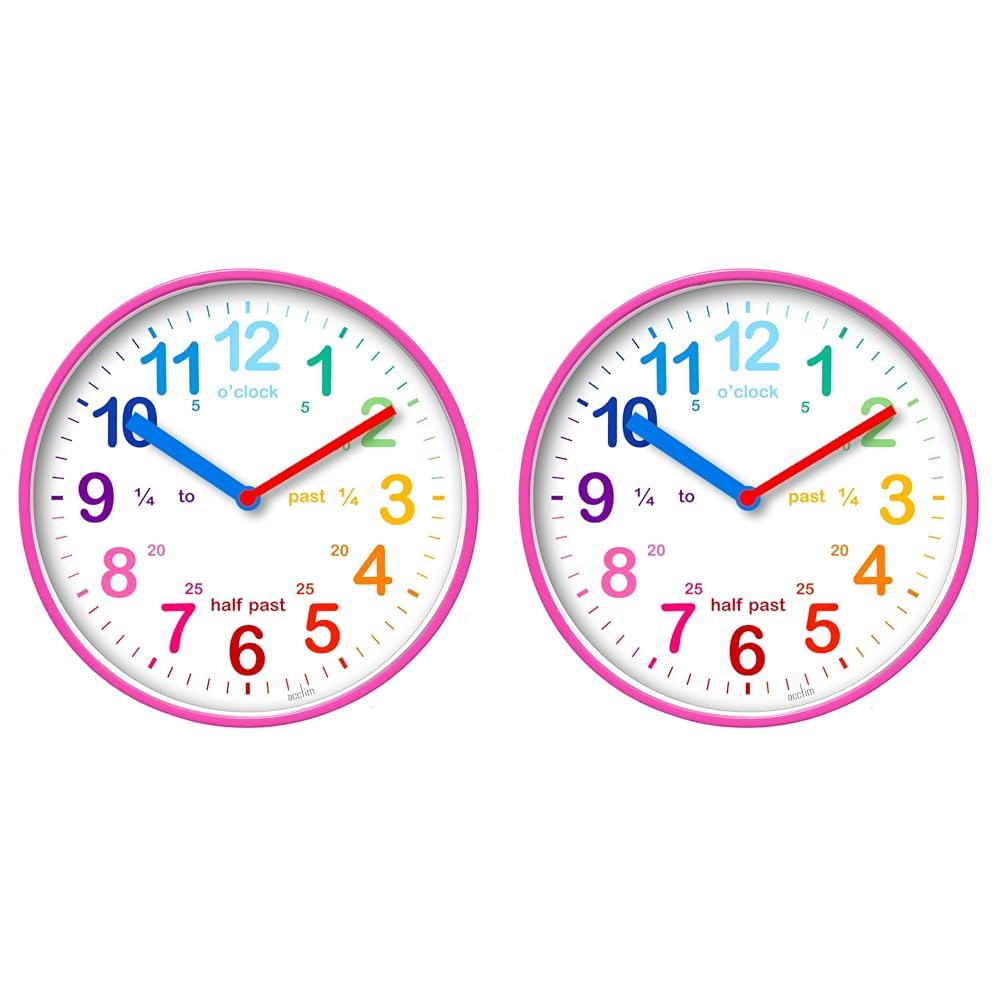 Acctim Wickford Kids Teaching Wall Clock Quartz Rainbow Dial Quarter Markers Pink 20cm 22520 (Pack of 2)